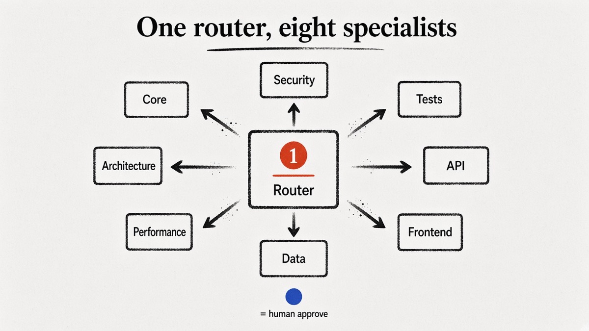 One router dispatching Core and seven specialist review lanes